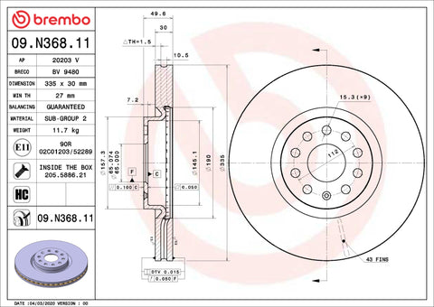 Brembo 21-22 Lexus ES250/19-22 Lexus ES300h/19-22 Lexus ES350/19-22 UX200 Front UV Coated Rotor
